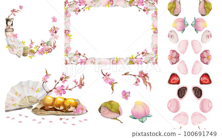 Watercolor hand drawn traditional Japanese sweets. Set of compositions with spring wagashi, taiyaki, tea, frames. Isolated on white background. Invitations restaurant menu greeting cards print textile Watercolor hand drawn traditional Japanese sweets. Set of compositions with spring wagashi, taiyaki, tea, frames. Isolated on white background. Invitations restaurant menu greeting cards print textile 100691749