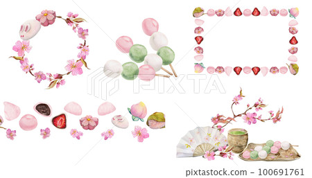 Watercolor hand drawn traditional Japanese sweets. Set of compositions with spring wagashi, taiyaki, tea, frames. Isolated on white background. Invitations restaurant menu greeting cards print textile 100691761