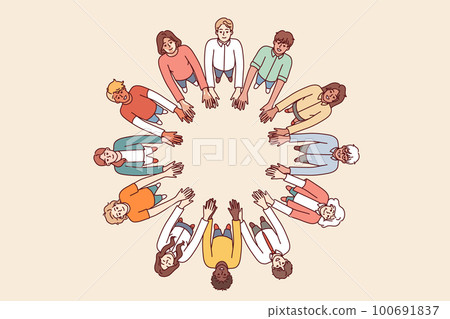 Friendly people stand in circle hold hands for collaboration and teamwork, top view Friendly people stand in circle hold hands for collaboration and teamwork, top view 100691837
