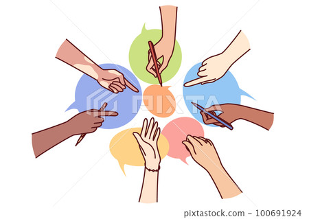 Hands of diverse people near dialogue clouds metaphor collective communication in instant messengers 100691924