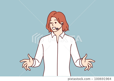 Business coach woman with public speaking headset leads training giving tips for success 100691964