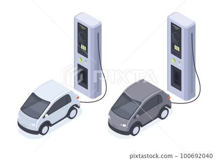 Electric cars charging. Isometric charging station, eco friendly electric cars, EV home charger station isolated 3d vector illustration Electric cars charging. Isometric charging station, eco friendly electric cars, EV home charger station isolated 3d vector illustration 100692040