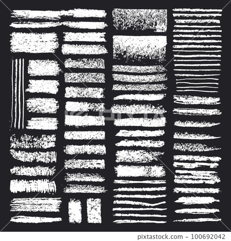 Grunge texture chalk pencil strokes. Chalk brushes, hand drawn doodle rough charcoal brush flat vector illustration set 100692042