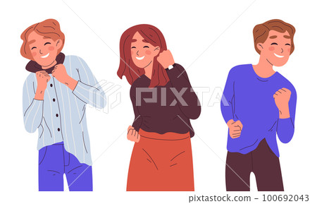 Happy persons celebrating win. People with victory triumph emotion, successful characters enjoy spoils of victory flat vector illustration Happy persons celebrating win. People with victory triumph emotion, successful characters enjoy spoils of victory flat vector illustration 100692043
