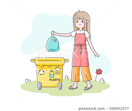 Young girl throws a trash bag into a waste bin. Cute cartoon illustration in asian modern style. Throwing plastic garbage into a trash can for plastic recycling. Vector concept on white background. Young girl throws a trash bag into a waste bin. Cute cartoon illustration in asian modern style. Throwing plastic garbage into a trash can for plastic recycling. Vector concept on white background. 100692077