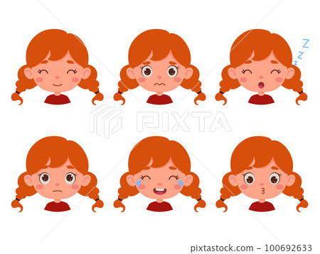 Cute cartoon little kid girl with red hair in various expressions and gesture. Cartoon child character showing different emotions. Vector illustration Cute cartoon little kid girl with red hair in various expressions and gesture. Cartoon child character showing different emotions. Vector illustration 100692633
