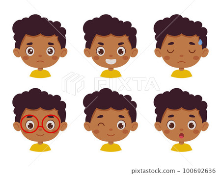 Cute cartoon little kid mulatto boy in various expressions and gesture. Cartoon child character showing different emotions. Vector illustration Cute cartoon little kid mulatto boy in various expressions and gesture. Cartoon child character showing different emotions. Vector illustration 100692636