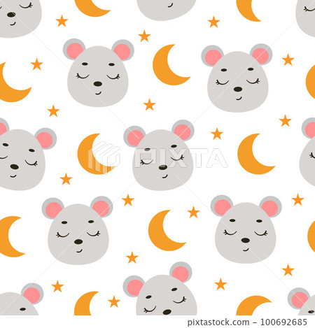 Cute little slipping mouse head seamless childish pattern. Funny cartoon animal character for fabric, wrapping, textile, wallpaper, apparel. Vector illustration Cute little slipping mouse head seamless childish pattern. Funny cartoon animal character for fabric, wrapping, textile, wallpaper, apparel. Vector illustration 100692685