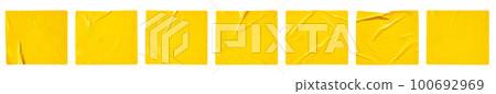 Blank yellow paper sticker label set isolated on white background 100692969