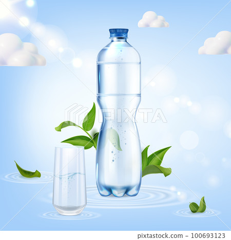Realistic Detailed 3d Mineral Water Plastic Bottle Blank Empty Template Mockup with Green Leaves and Glass. Vector illustration 100693123