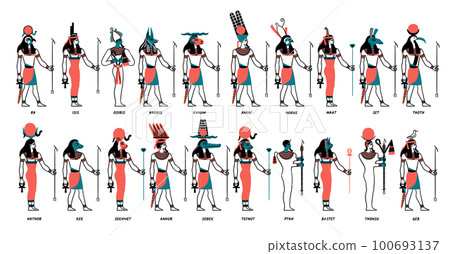 Cartoon Color Characters Egyptian Gods Set Concept Flat Design Style Include of Osiris, Ra and Horus. Vector illustration 100693137