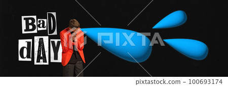 Contemporary art collage of crying man over dark background. Concept of bad start day, depression and personal crisis. 100693174