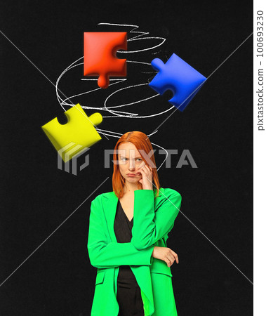 Contemporary art collage of pensive woman in bright green jacket with flying different puzzles over head symbolizing seeking for right solution 100693230