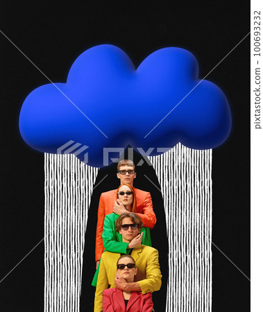 Contemporary art collage of upset men and women with sad faces under rain cloud, symbolizing problems in business, temporary difficulties, support Contemporary art collage of upset men and women with sad faces under rain cloud, symbolizing problems in business, temporary difficulties, support 100693232