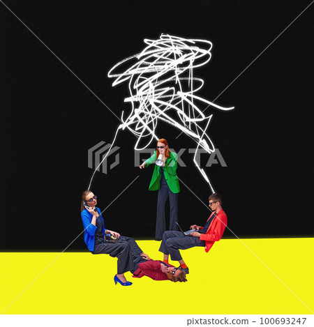 Contemporary art collage of angry, shouting woman and employees with mess in head, symbolizing burnout at work, problems in business, brainstorm 100693247