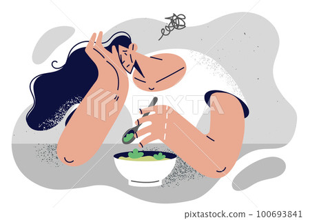 Sad woman suffering from lack of appetite of unpalatable wholesome food recommended for diet 100693841