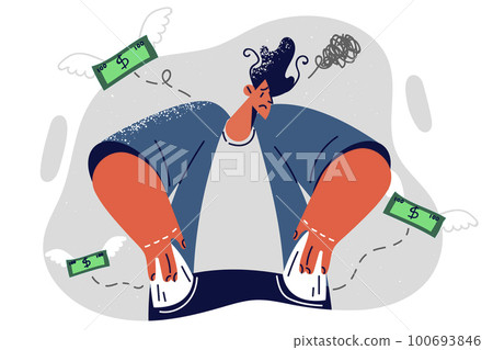 Man experiencing financial problems due to unemployment and lack of education shows empty pockets Man experiencing financial problems due to unemployment and lack of education shows empty pockets 100693846