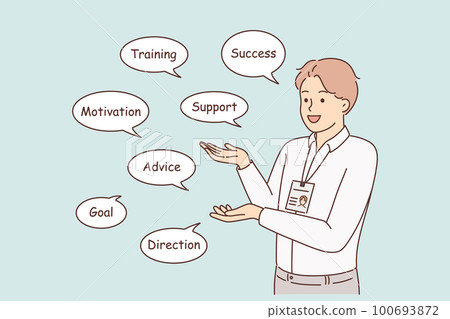 Motivated businessman with work words in talk balloons 100693872