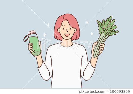 Smiling woman with fresh vegetables and juice Smiling woman with fresh vegetables and juice 100693899