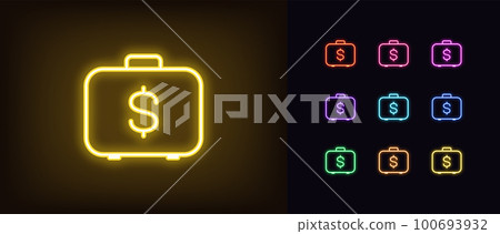 Outline neon money suitcase icon set. Glowing neon briefcase with dollar sign, investment portfolio pictogram. Money and fund management, business case, finance education. Outline neon money suitcase icon set. Glowing neon briefcase with dollar sign, investment portfolio pictogram. Money and fund management, business case, finance education. 100693932
