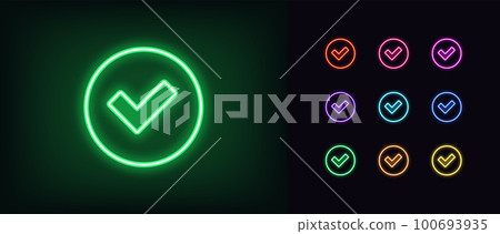 Outline neon check tick icon set. Glowing neon checkmark sign, tick approve pictogram. Correct and true select, confirmation check mark, verification tick, right choice, checklist. 100693935