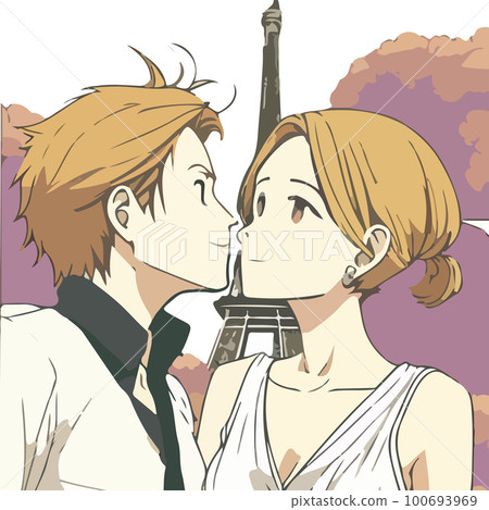 Vector drawing. Young, loving and beautiful couple in Paris for your design. 100693969
