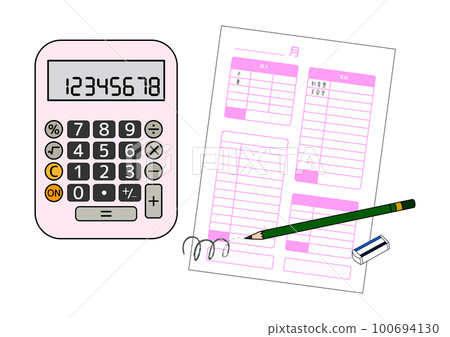 計算器、家庭賬簿、鉛筆和橡皮擦的矢量插圖 100694130