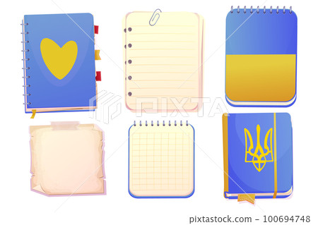 Set Ukrainian diary, note book in cartoon style top view, open, closed in blue and yellow flag colors isolated on white background. Book with bookmarks and spiral, daily planner. 100694748
