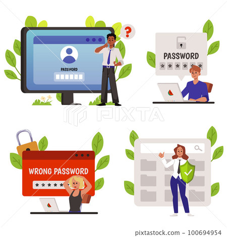 Data and bank account safety with password set of flat vector illustrations. 100694954