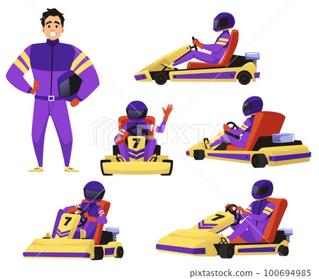 Speed racer or kart driver in and out of car, flat vector illustration isolated. 100694985
