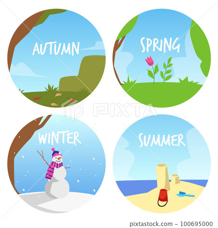 Four season circle banners or stickers flat vector illustration isolated. 100695000