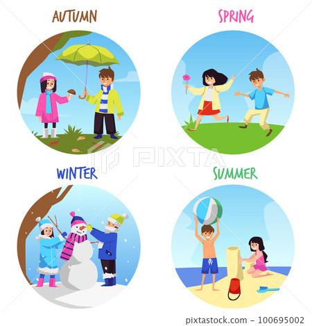 Set of children four seasons flat style, vector illustration 100695002