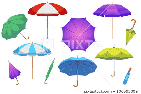 Colorful shut and open umbrellas collection flat vector illustration isolated. 100695009