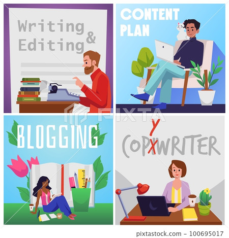 Copywriting and blogging occupation banners or flyers flat vector illustration. 100695017
