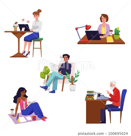 Copywriters and screenwriters characters set flat vector illustration isolated. 100695024