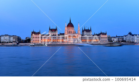 Budapest parliament at blue hour near the Danube river 100695414
