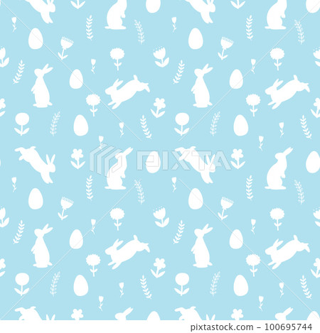 Hand drawn Easter seamless pattern with bunnies, flowers and easter eggs. vector background with silhouettes of animals and plants for wrapping paper, banner, card, textile, print 100695744