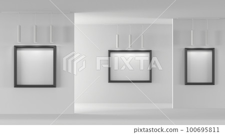 3D Empty gallery with blank picture frames on walls and pendant ceiling spotlights. Realistic interior of museum or artwork exhibition with white posters in black borders and lamps. 3D illustration 100695811