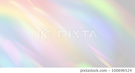 Rainbow light prism effect, transparent background. Hologram reflection, crystal flare leak shadow overlay. Vector illustration of abstract blurred iridescent light backdrop. 100696524