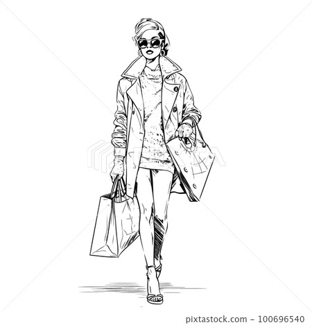 Beautiful woman in sunglasses walking with packages in her hands. Beautiful woman in sunglasses walking with packages in her hands. 100696540