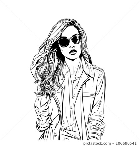 Beautiful woman in sunglasses, sketch, fashion illustration  100696541