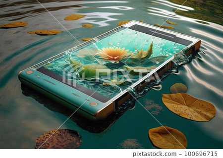 A mobile phone smartphone floats on the surface of the water in a pond with lilies. Texture photography waterproof phone. A mobile phone smartphone floats on the surface of the water in a pond with lilies. Texture photography waterproof phone. 100696715