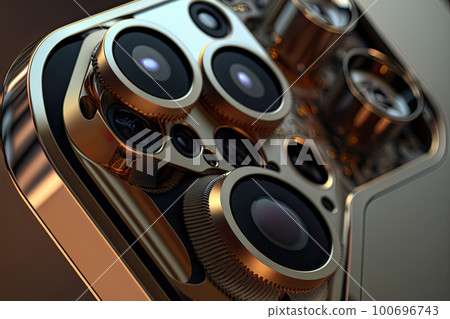 Mobile phone cameras and microchips, insides, close-up. 100696743