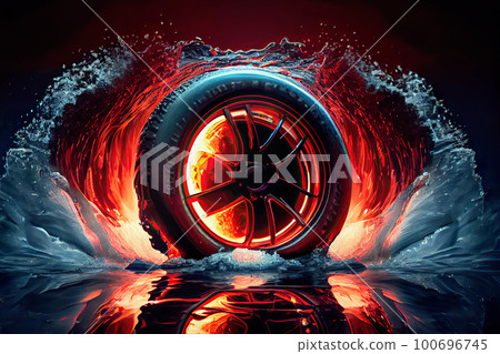 Dramatic illustration of a car wheel, tire, and cast disc assembly, set against a backdrop of fire and water splashes. aims to showcase the all-weather capabilities tires in a visually stunning way Dramatic illustration of a car wheel, tire, and cast disc assembly, set against a backdrop of fire and water splashes. aims to showcase the all-weather capabilities tires in a visually stunning way 100696745