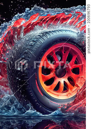 Raw power and sleek design of a wheel with a red alloy wheel as it rushes down a wet road, spectacular sea of fire and a shower of splashes. a perfect exhilarating combination of speed, power, design Raw power and sleek design of a wheel with a red alloy wheel as it rushes down a wet road, spectacular sea of fire and a shower of splashes. a perfect exhilarating combination of speed, power, design 100696793