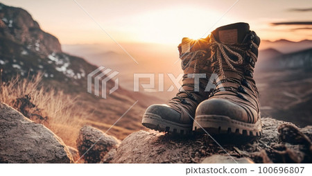 Pair of sturdy boots suitable for trails, hiking, and travel. Boots against a beautiful mountain backdrop during sunset, creating a serene and adventurous atmosphere. These strong and reliable shoes. 100696807