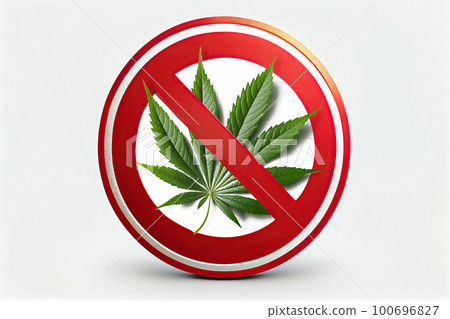 Red prohibition sign with a boldly marked-out cannabis leaf in the center, indicating the banning of marijuana-related activities such as sales and smoking 100696827