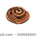 Sweet bun with raisin, freshly baked french bread homemade roll, puff pastry buns. pain aux raisins hand drawn watercolor illustration 100696843