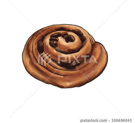 Sweet bun with raisin, freshly baked french bread homemade roll, puff pastry buns. pain aux raisins hand drawn watercolor illustration 100696843