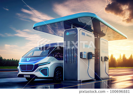 At a modern hydrogen fueling station, a sleek minibus pulls up for a refill, showcasing the future of clean and renewable energy as it embodies the shift towards sustainable transportation. 100696881